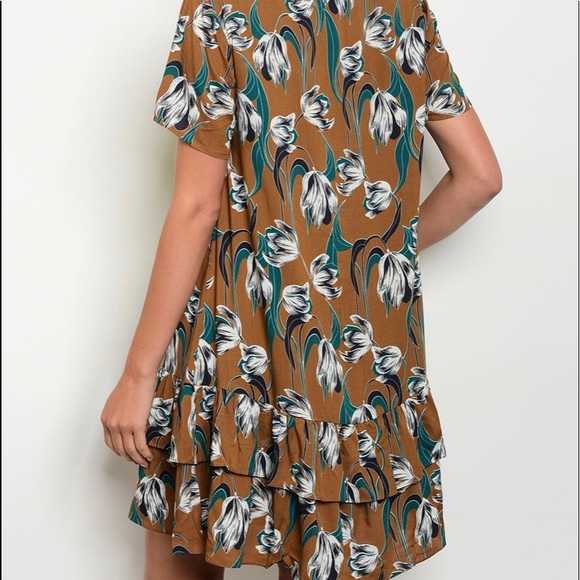 Floral Linen Cheongsam Ruffle Tier Mocha Brown Leafy Green Women's Doll Dress - Picture 3 of 7